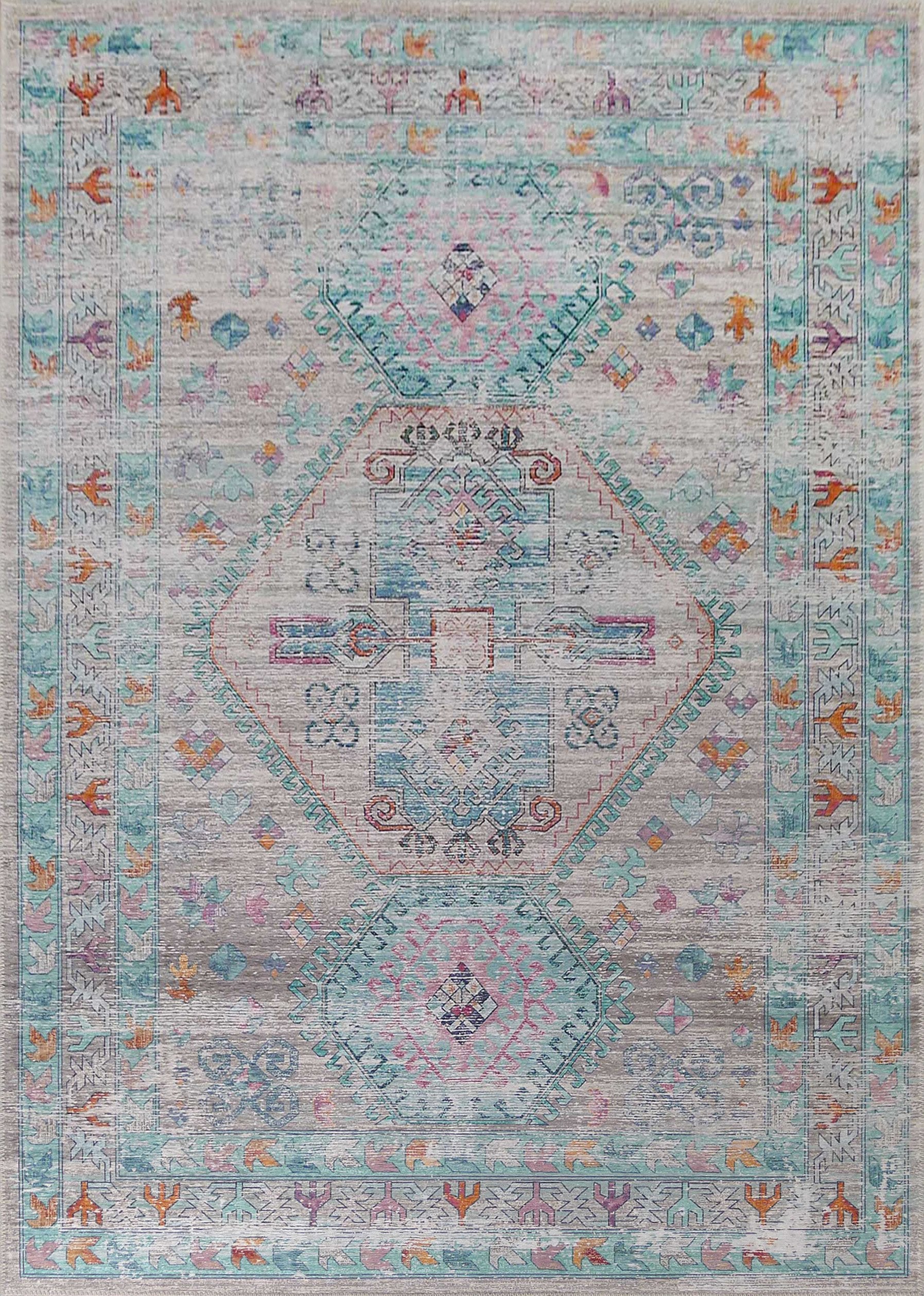 Beige Blue Orange Tones Vintage Faded Print Style Area Rug/ Carpet