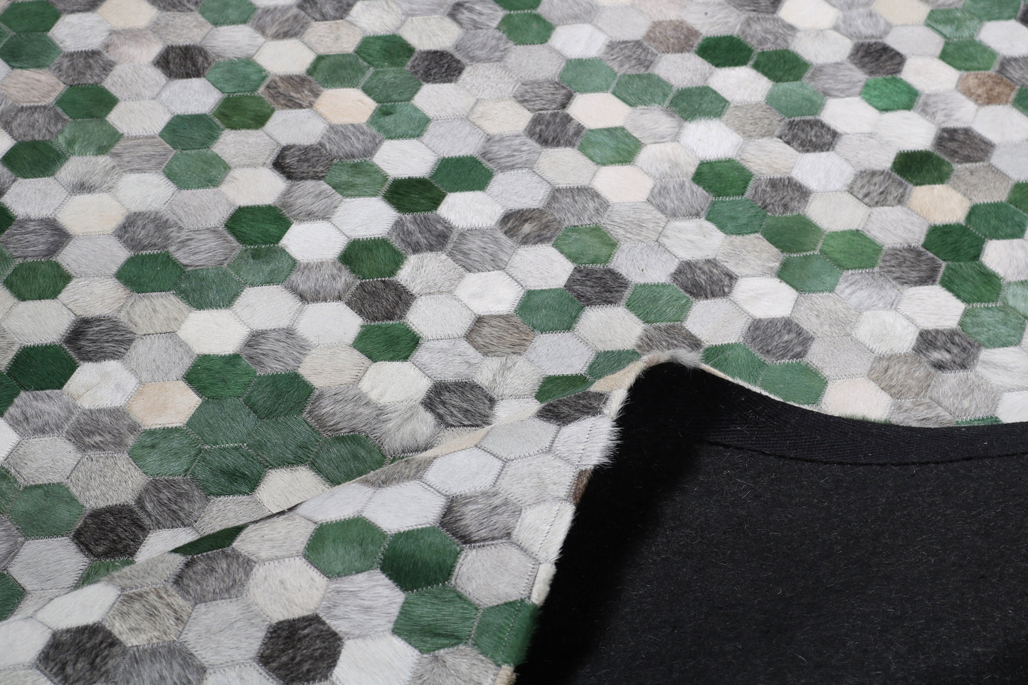 Earth-Tone Geometric Octagon Rug – Cowhide Patchwork Design in Green, Grey & Natural Shades - Patchwork PCH220 Green