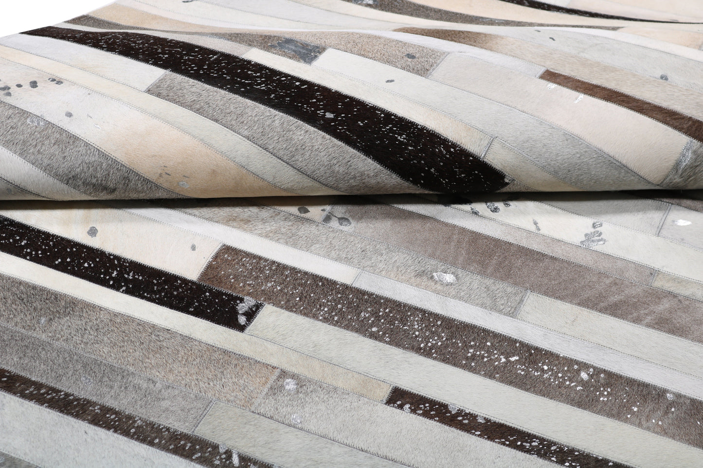 Geometric Striped Cowhide Patchwork Rug – Silver Cream Base with Earth-Tone Browns & Chrome Accents - Patchwork PCH223