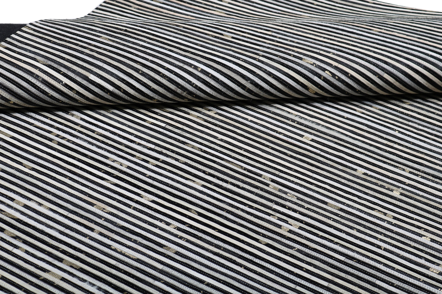 Cream & Black Geometric Cowhide Rug – Striped Patchwork with Gold Accents - Patchwork PCH222