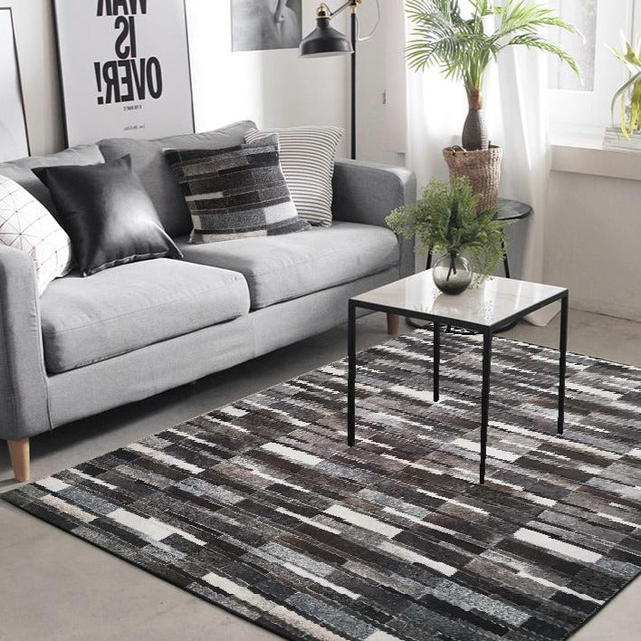 Vegan Patchwork Gray Black Brick Faux Hide/Cowhide Area Rug/Carpet