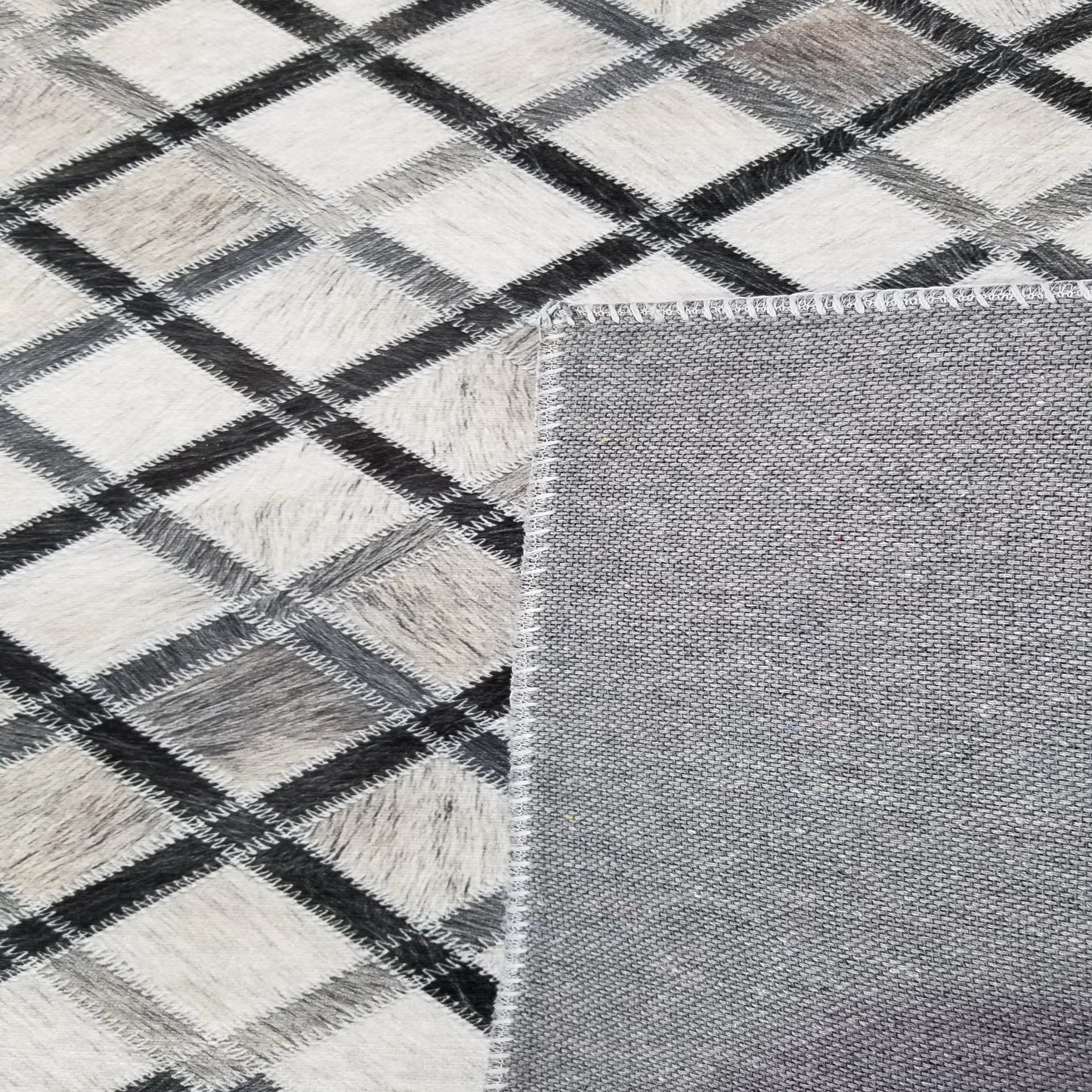 Vegan Diamond Patchwork Gray Black Faux Hide/Cowhide Area Rug/Carpet