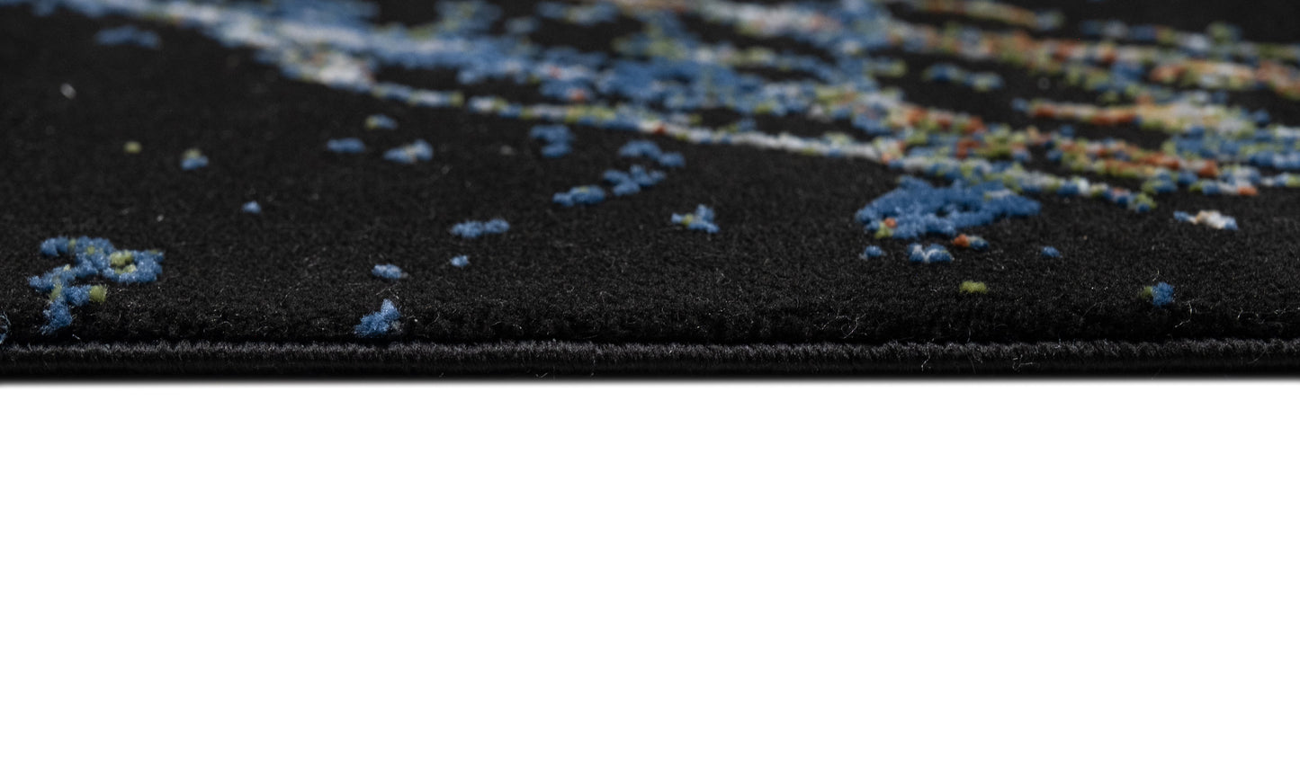 Modern Black Abstract Rug with Silver, Mustard, Red-Brown, Green & Ocean Blue Marbling.