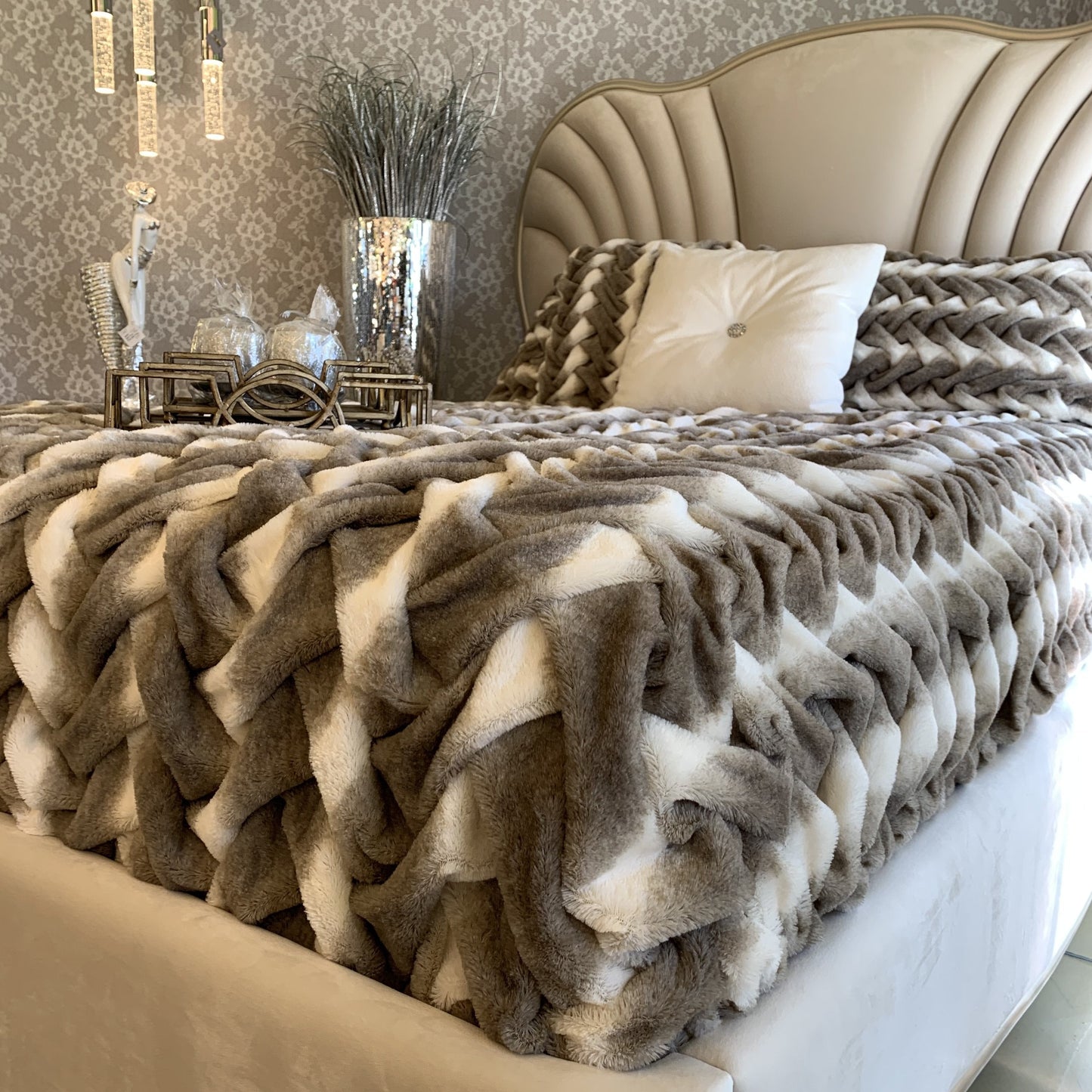 Soft Braided Look Cozy Faux Fur Toned Mocha Silver Bed Cover/ Coverlet/ Bedspread/ Blanket/ Comforter/ King Cal Size - Queen Size