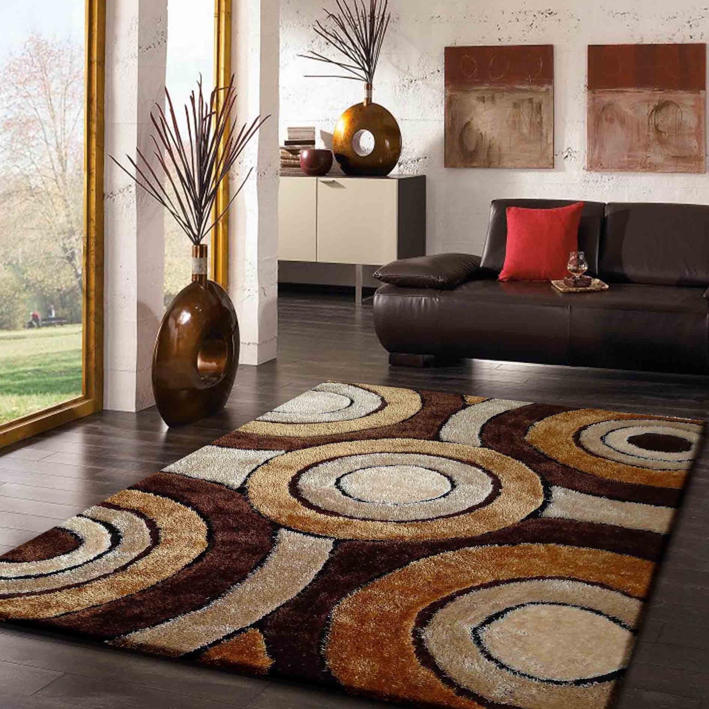Soft Cozy Circular 3D Fluffy Round Design Area Rug/Carpet Brown Beige