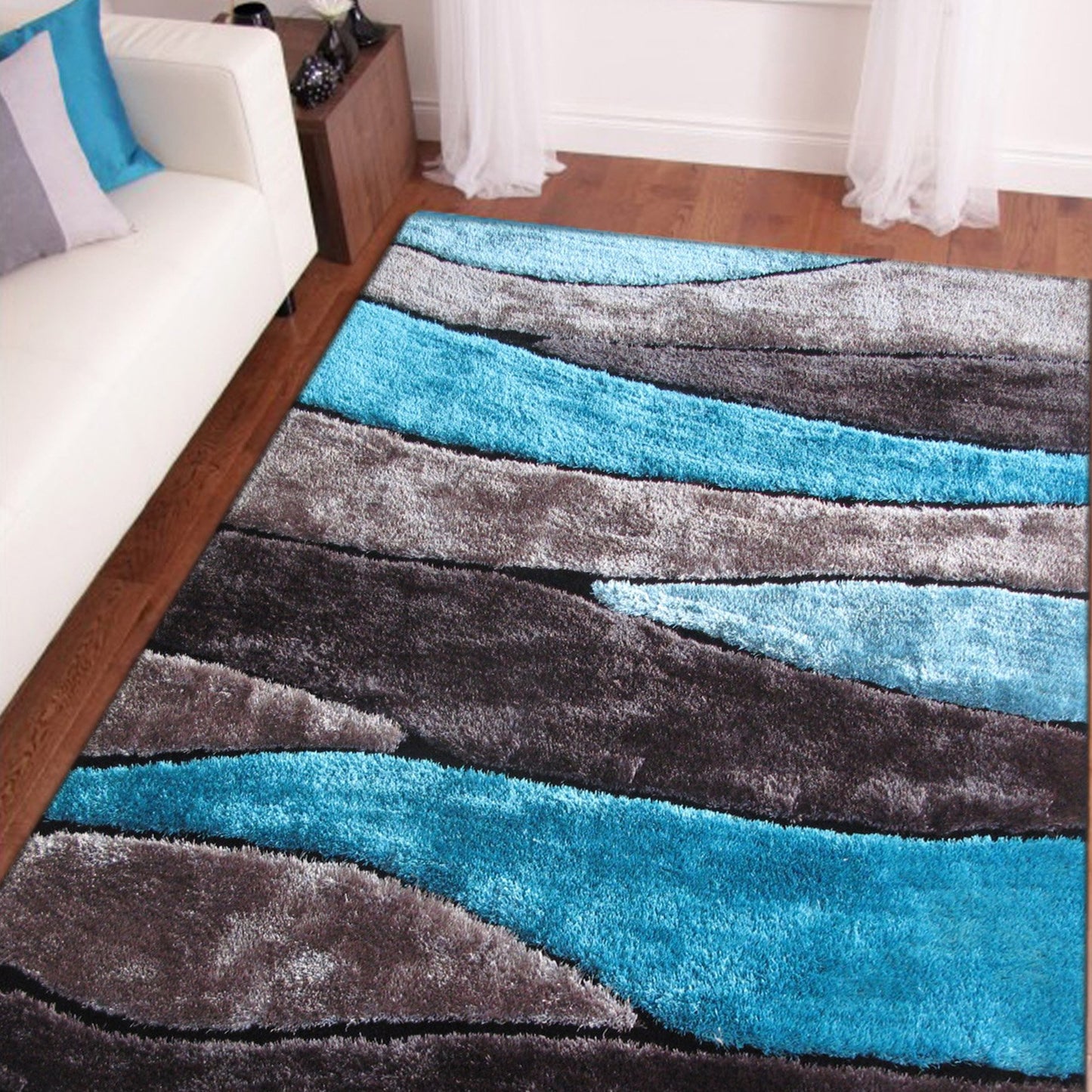 Living Shag Waves Soft Plush Design 3D Effect Area Rug/ Carpet Aqua Blue