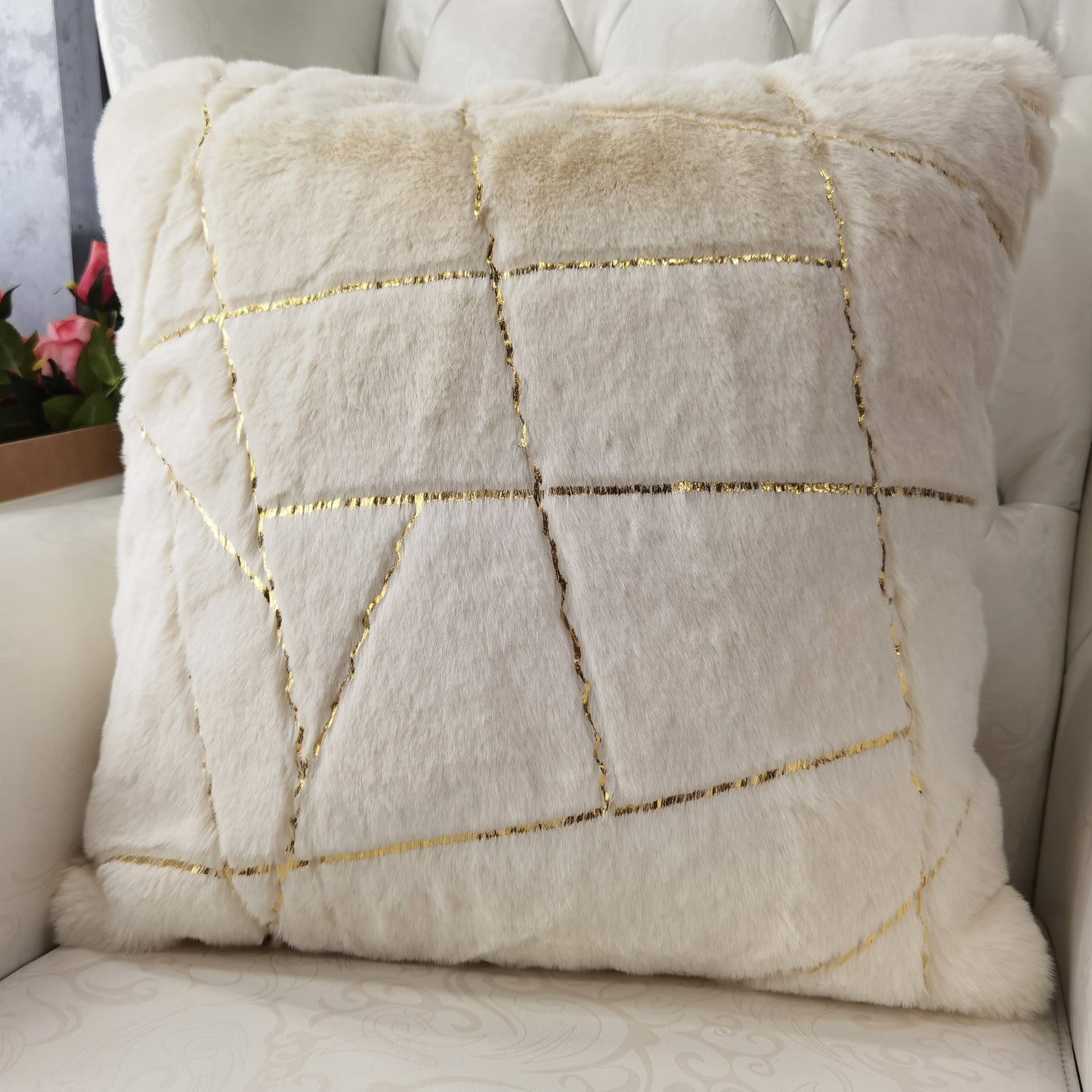 Golden Faux Fur Glow Fluffy Extra Soft Shimmery Foil Illuminating Effect Throw Pillow/Positioner -Metallica Pillow Collection