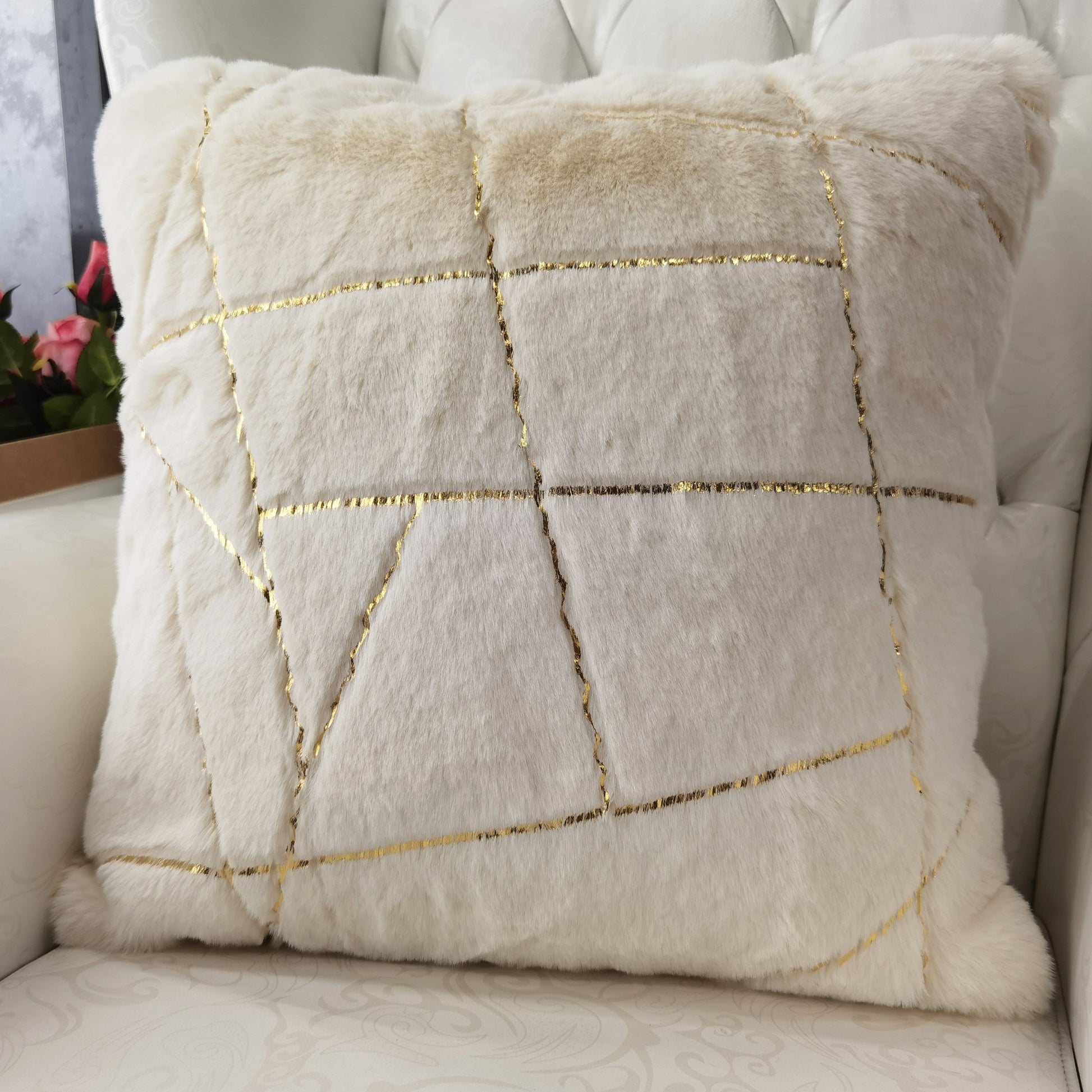 Golden Faux Fur Glow Fluffy Extra Soft Shimmery Foil Illuminating Effect Throw Pillow/Positioner -Metallica Pillow Collection