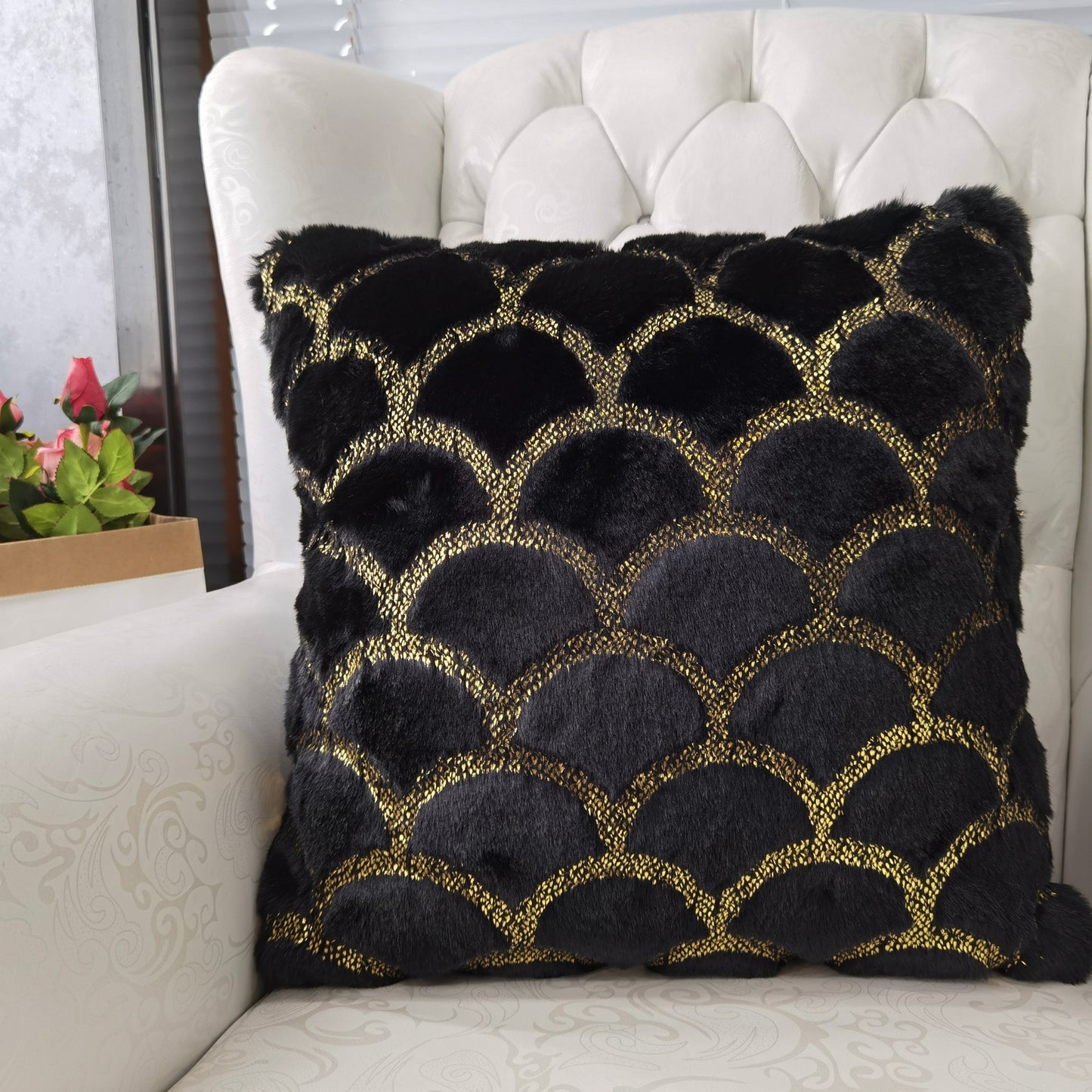 Golden Mermaid Faux Fur Glow Fluffy Extra Soft Shimmery Foil Illuminating Effect Throw Pillow/Positioner -Metallica Pillow Collection