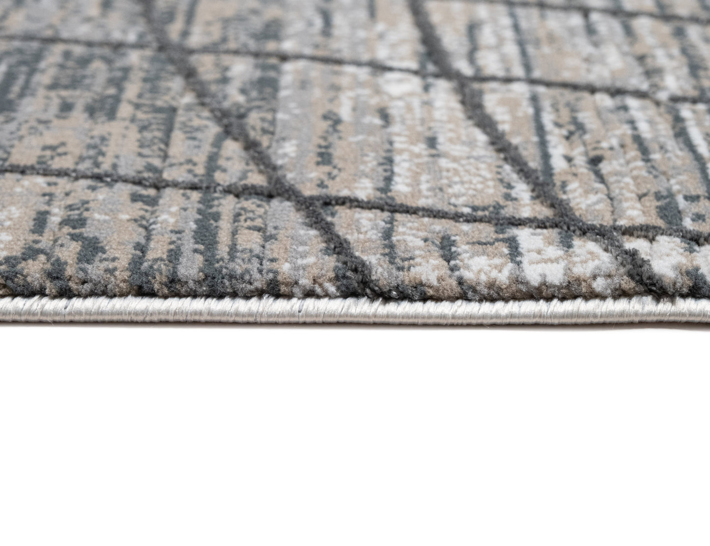 Crème Rug with Mocha & Beige Abstract Design and Charcoal Checker High-Low Pattern - METZ 4204.