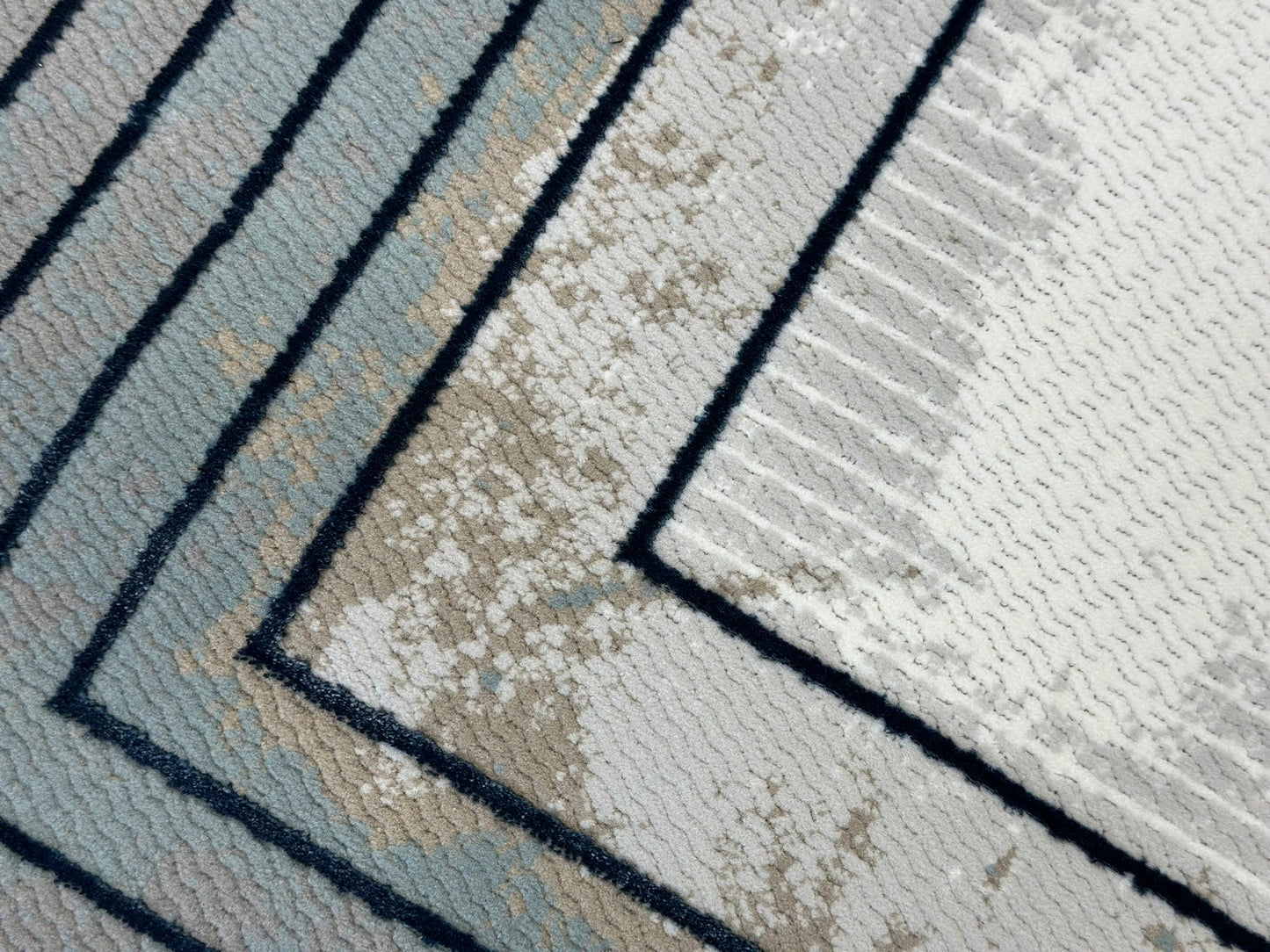 Crème High-Low Rug with Metallic Deep Blue Geometric Squares & Teal, Charcoal, Silver & Mocha Accents - METZ 4205.