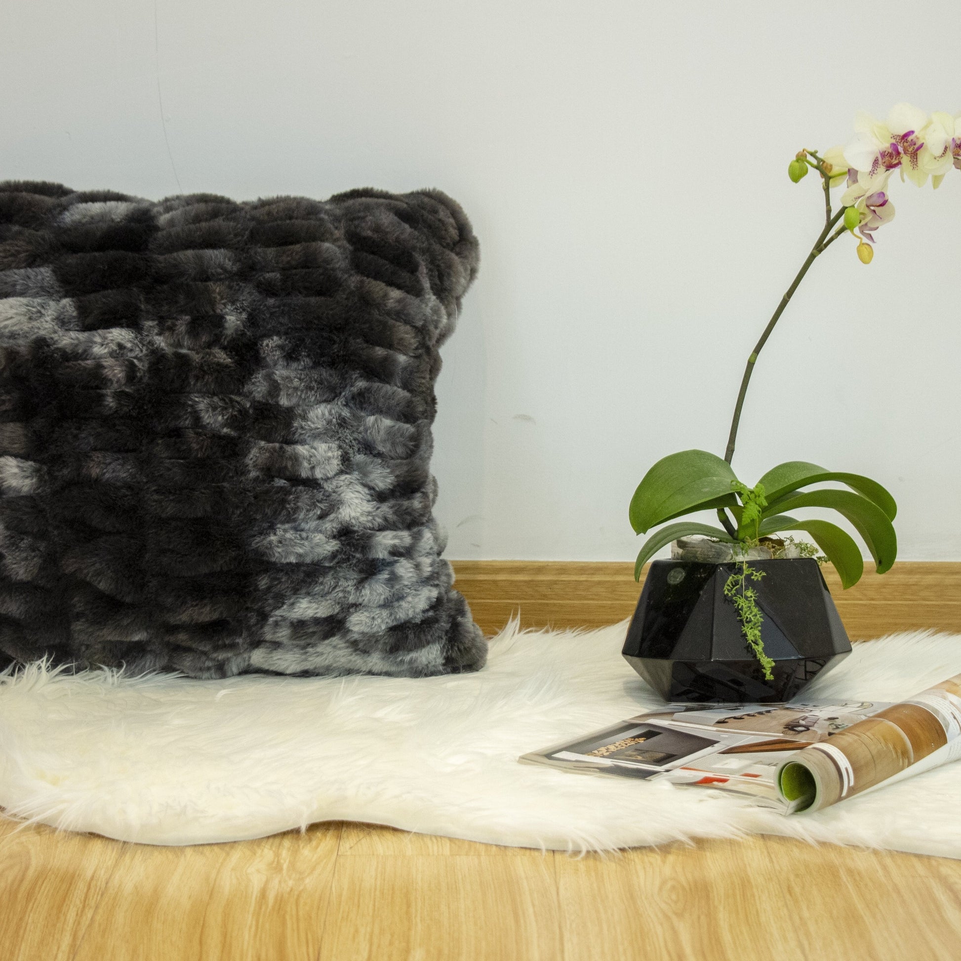 Fluffy Faux Fur Braided Look Soft Gray Black Throw Pillow/Positioner