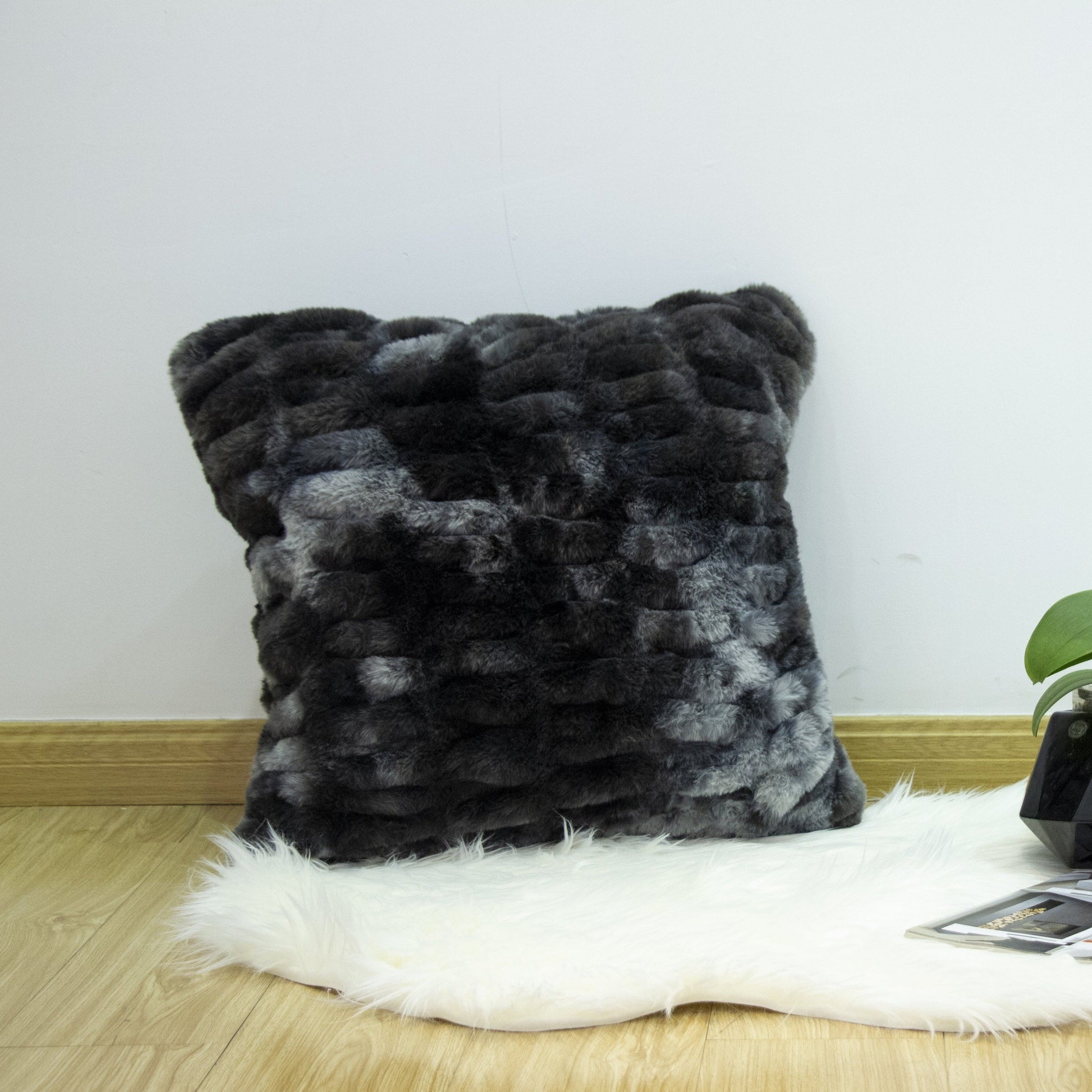 Fluffy Faux Fur Braided Look Soft Gray Black Throw Pillow/Positioner