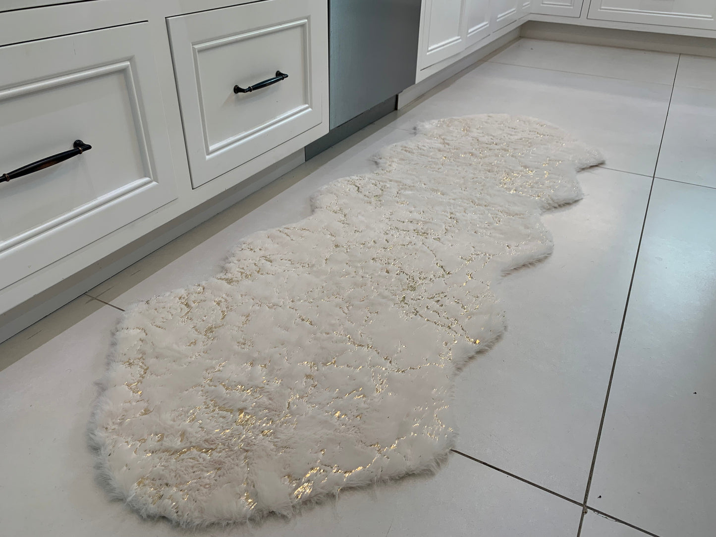 White Faux Fur Runner With Metallic Golden Design