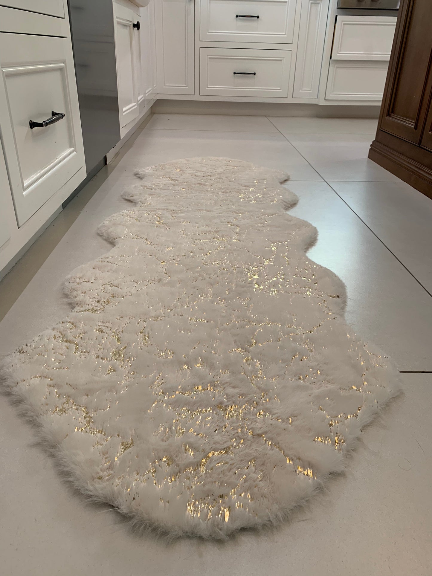 White Faux Fur Runner With Metallic Golden Design