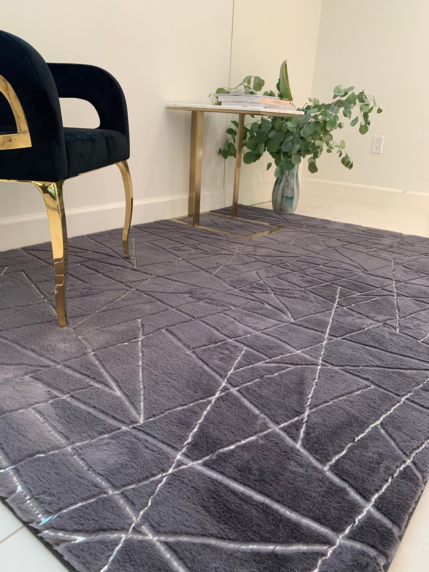 Charcoal Gray Faux Fur Rug With Metallic Silver Lines Rug/Carpet