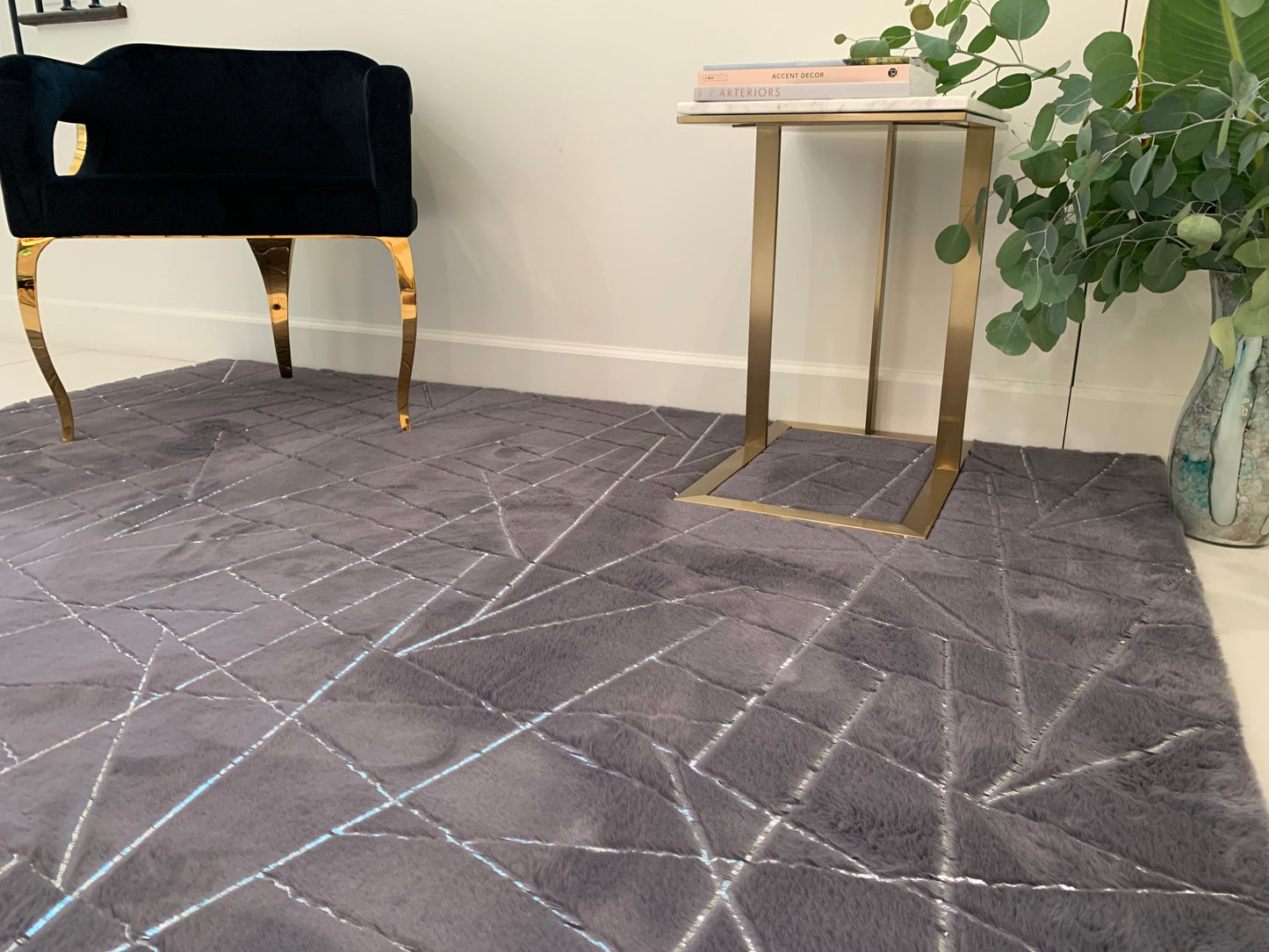 Charcoal Gray Faux Fur Rug With Metallic Silver Lines Rug/Carpet