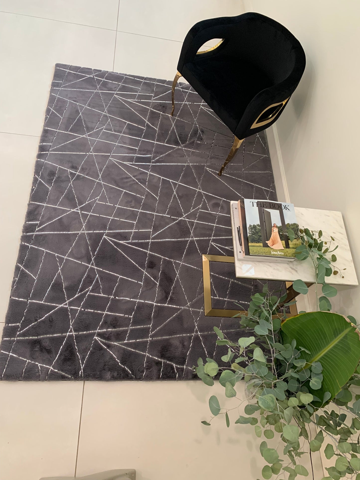 Charcoal Gray Faux Fur Rug With Metallic Silver Lines Rug/Carpet