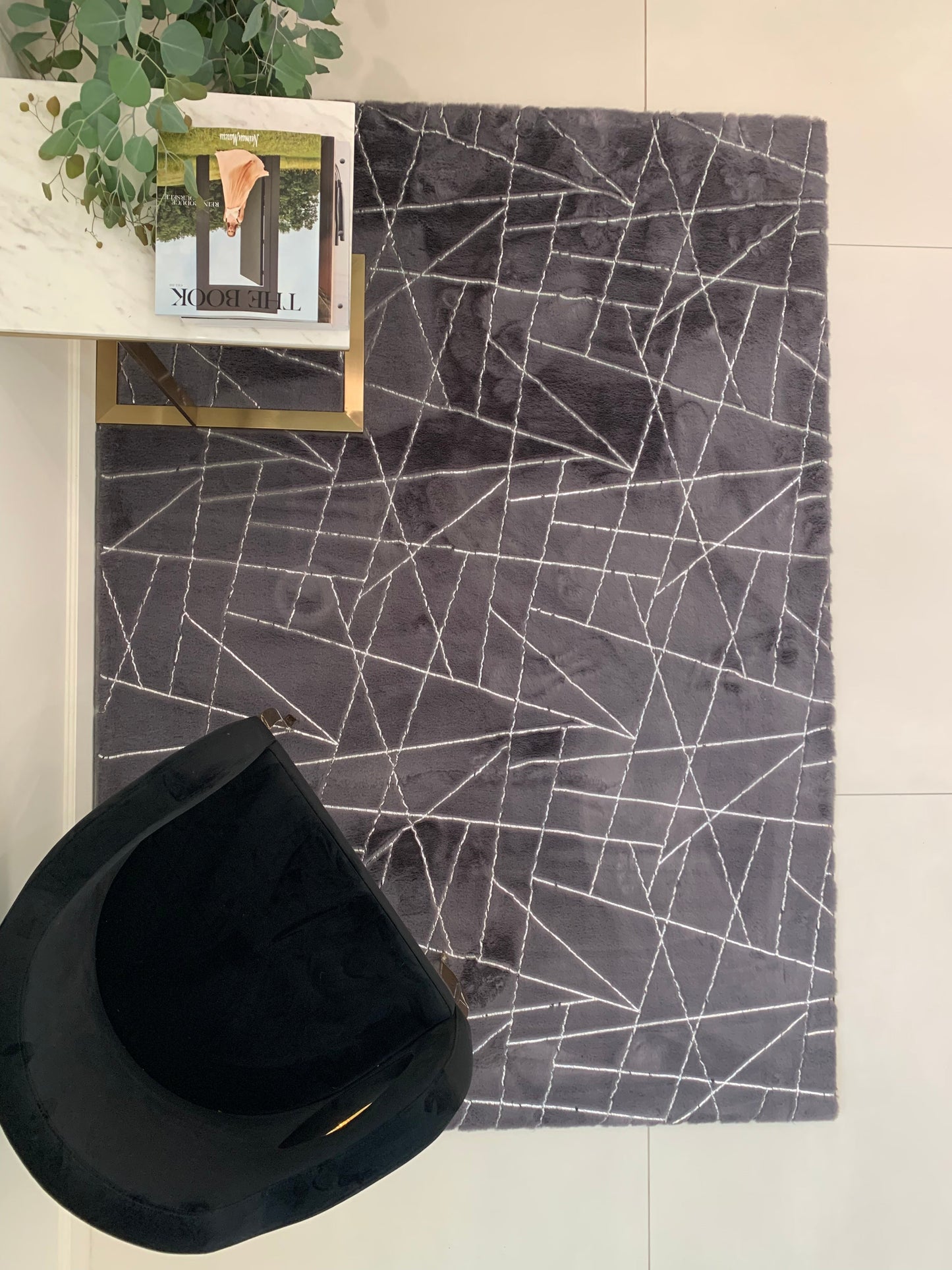 Charcoal Gray Faux Fur Rug With Metallic Silver Lines Rug/Carpet