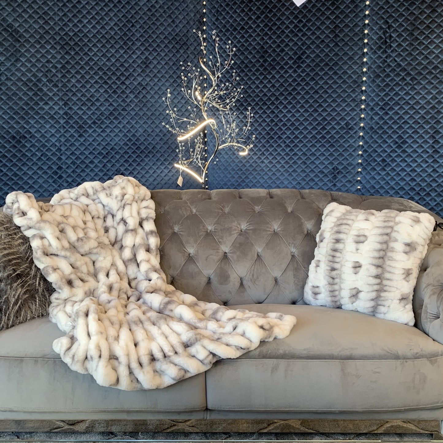 Fluffy Braided Look Soft Faux Fur Gray White Throw Pillow/Positioner