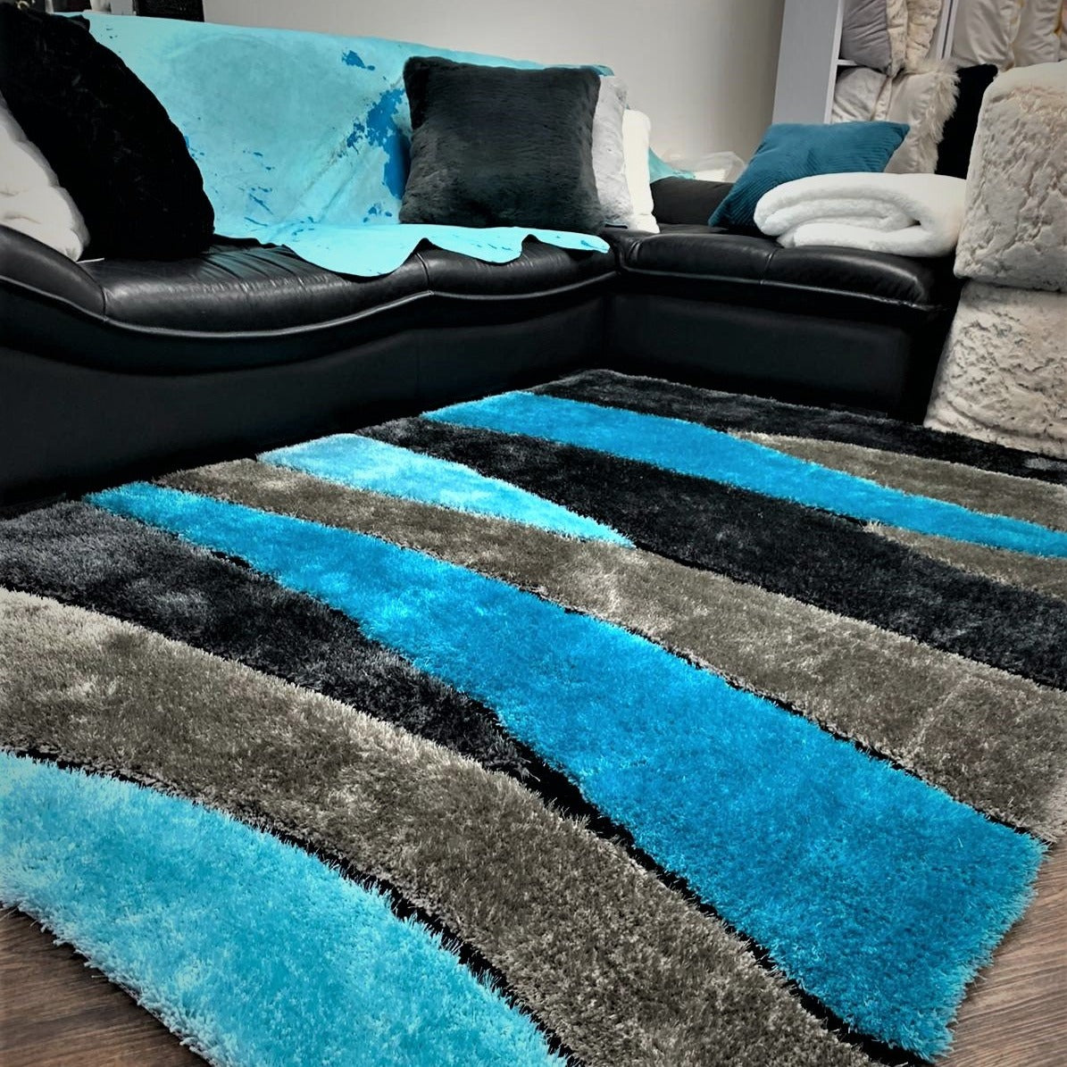 Living Shag Waves Soft Plush Design 3D Effect Area Rug/ Carpet Aqua Blue