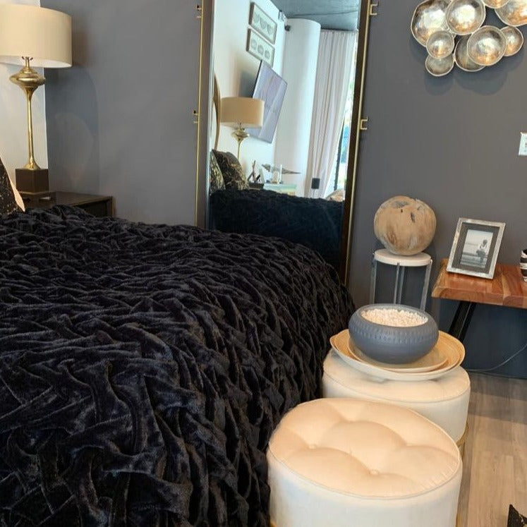 Braided Fluffy Faux Fur Chinchilla Black Bed Cover/ Coverlet/ Bed Spread/ Blanket/ Comforter/ King Cal Size - Queen Size