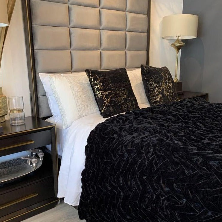 Braided Fluffy Faux Fur Chinchilla Black Bed Cover/ Coverlet/ Bed Spread/ Blanket/ Comforter/ King Cal Size - Queen Size