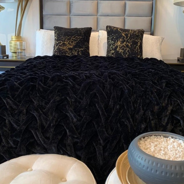 Braided Fluffy Faux Fur Chinchilla Black Bed Cover/ Coverlet/ Bed Spread/ Blanket/ Comforter/ King Cal Size - Queen Size