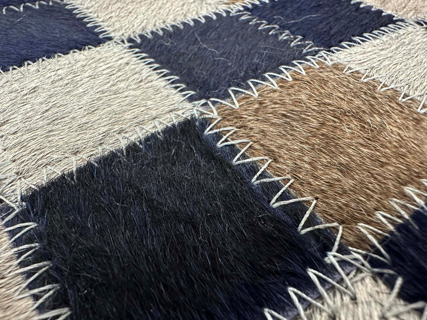 Geometric Square Cowhide Rug – Navy, Brown & Ivory Color Block Design - Tikkul Navy Patchwork Cowhide