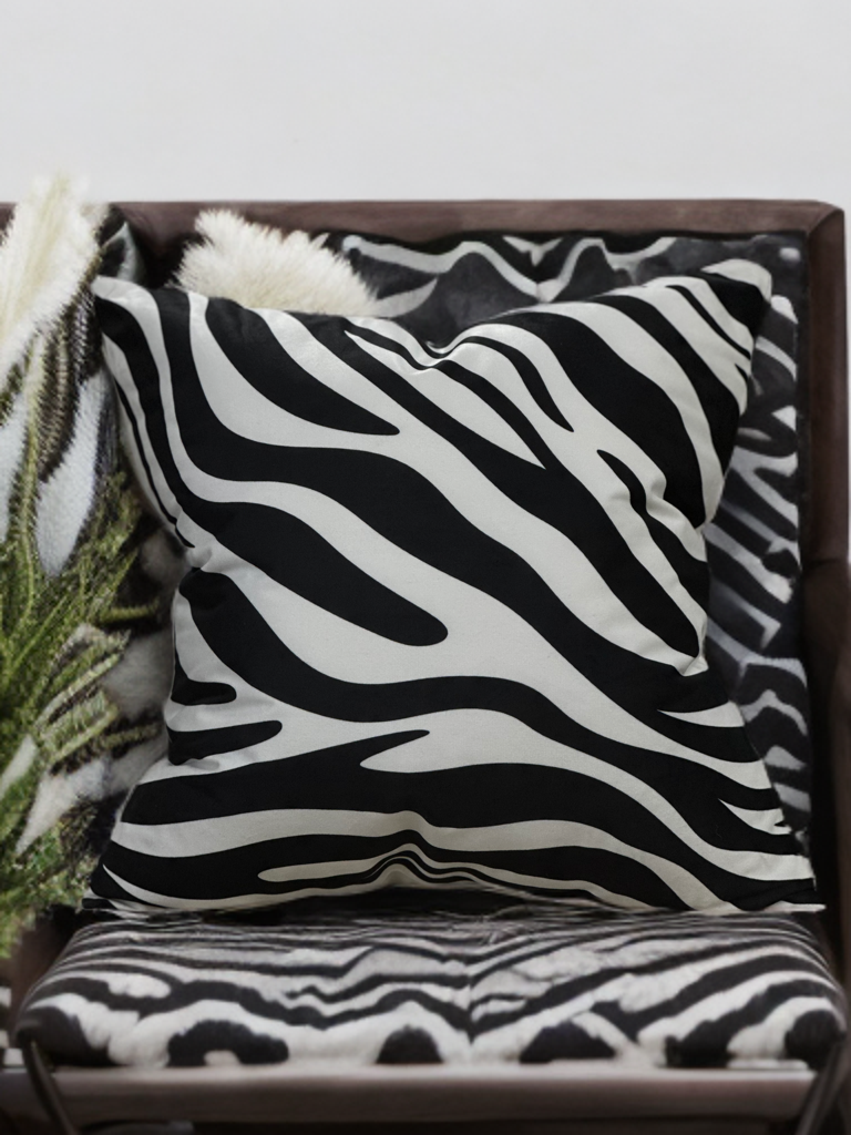Chic Velvet Accent Throw Pillow – White Abstract with Sleek Black Zebra Design - VIVA020.