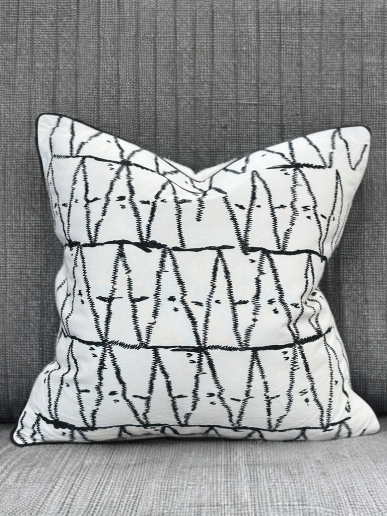 White Velvet Pillow with Black Embroidered Abstract and Thick Border - VIVA015.