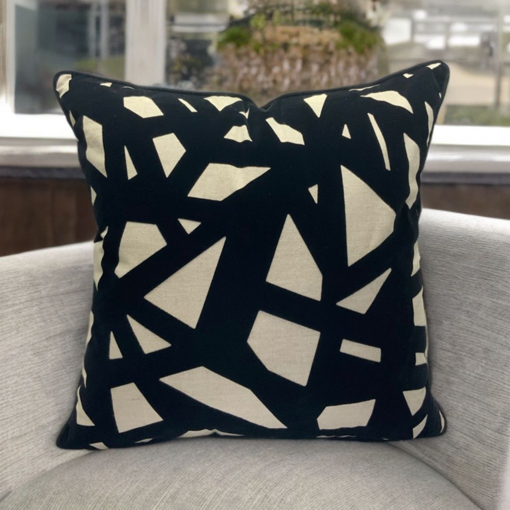 Black Velvet Geometric Accent Pillow on Sandy Beige Base - VIVA014.