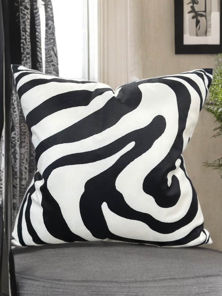Modern Velvet Throw Pillow – White Abstract with Black Swirled Zebra Design - VIVA021.