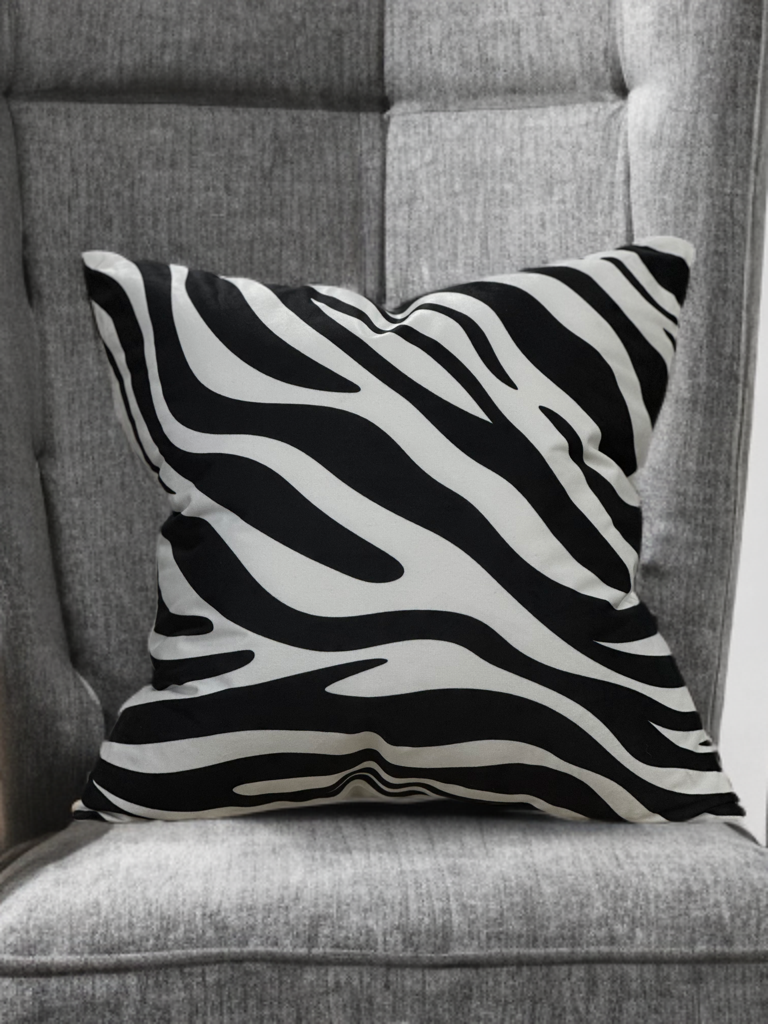 Chic Velvet Accent Throw Pillow – White Abstract with Sleek Black Zebra Design - VIVA020.