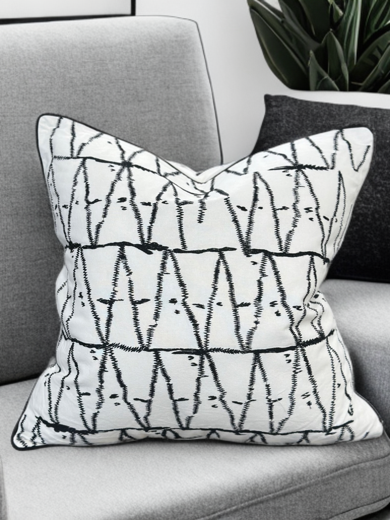 White Velvet Pillow with Black Embroidered Abstract and Thick Border - VIVA015.