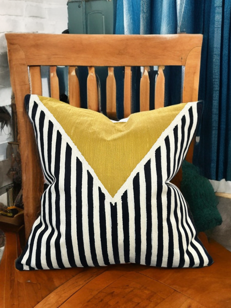 White Base Decorative Throw Pillow with Black & Ivory Geometric Embroidery and Mustard Graphic - VIVA012.
