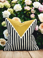 White Base Decorative Throw Pillow with Black & Ivory Geometric Embroidery and Mustard Graphic - VIVA012.