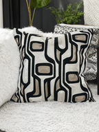 Black Velvet Pillow with Geometric Abstract Embroidery in Ivory, Bronze & Black - SEV004.