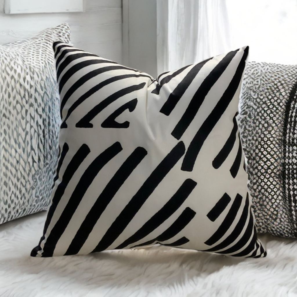 White Throw Pillow with Bold Black Velvet Geometric Design - VIVA019.