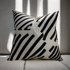 White Throw Pillow with Bold Black Velvet Geometric Design - VIVA019.