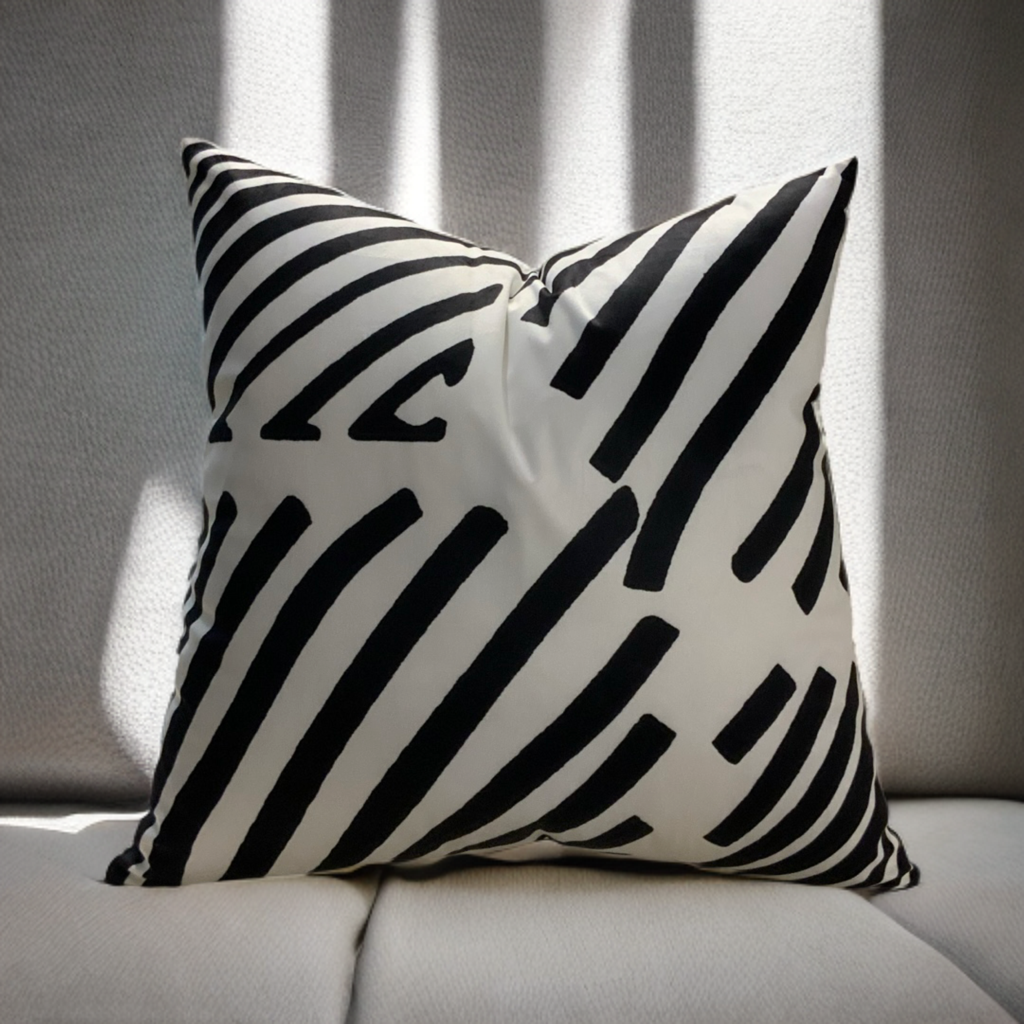 White Throw Pillow with Bold Black Velvet Geometric Design - VIVA019.
