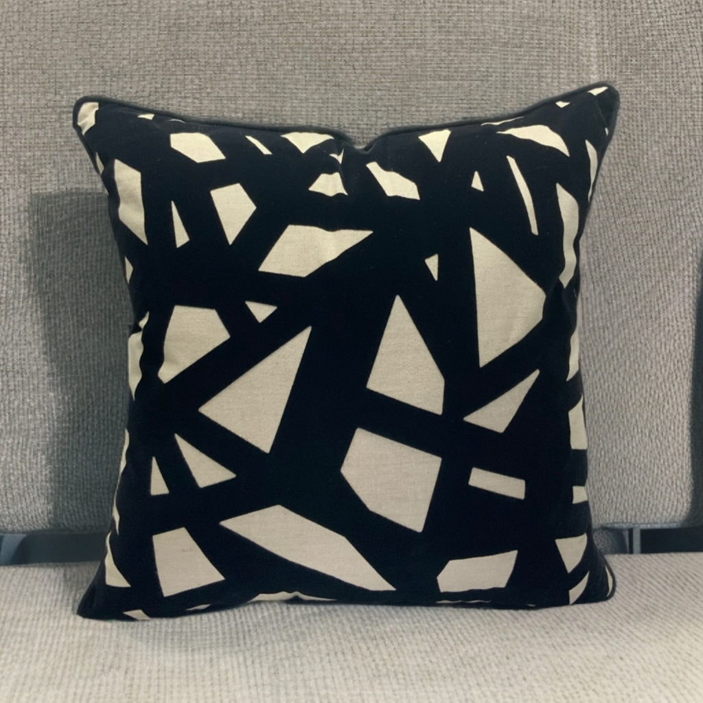 Black Velvet Geometric Accent Pillow on Sandy Beige Base - VIVA014.