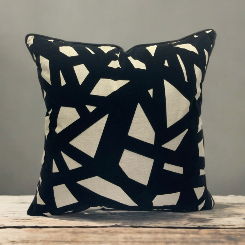 Black Velvet Geometric Accent Pillow on Sandy Beige Base - VIVA014.