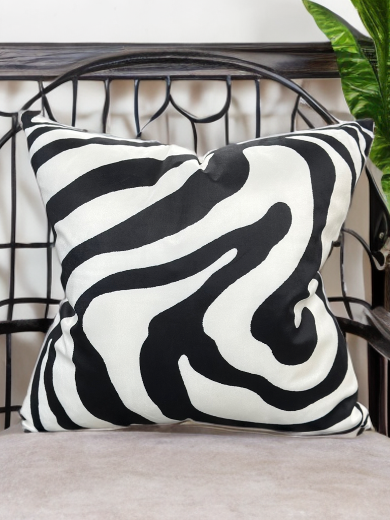 Modern Velvet Throw Pillow – White Abstract with Black Swirled Zebra Design - VIVA021.