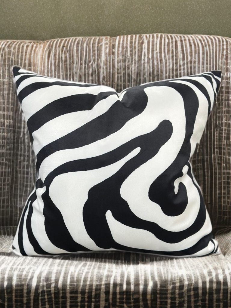 Modern Velvet Throw Pillow – White Abstract with Black Swirled Zebra Design - VIVA021.