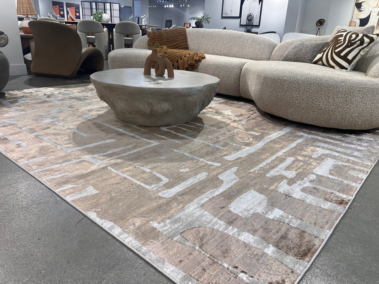 Cream Viscose Rug with Two-Tone Bronze Geometric Detailing - KAI 212