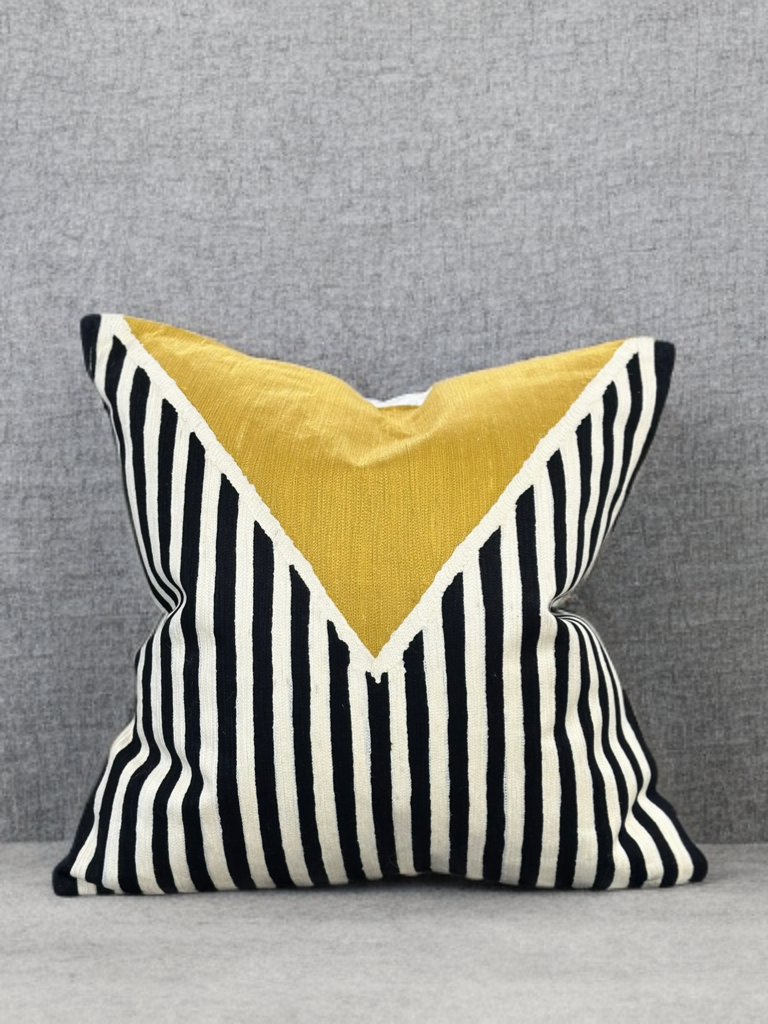 White Base Decorative Throw Pillow with Black & Ivory Geometric Embroidery and Mustard Graphic - VIVA012.