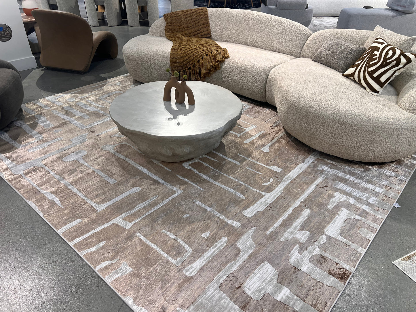 Cream Viscose Rug with Two-Tone Bronze Geometric Detailing - KAI 212