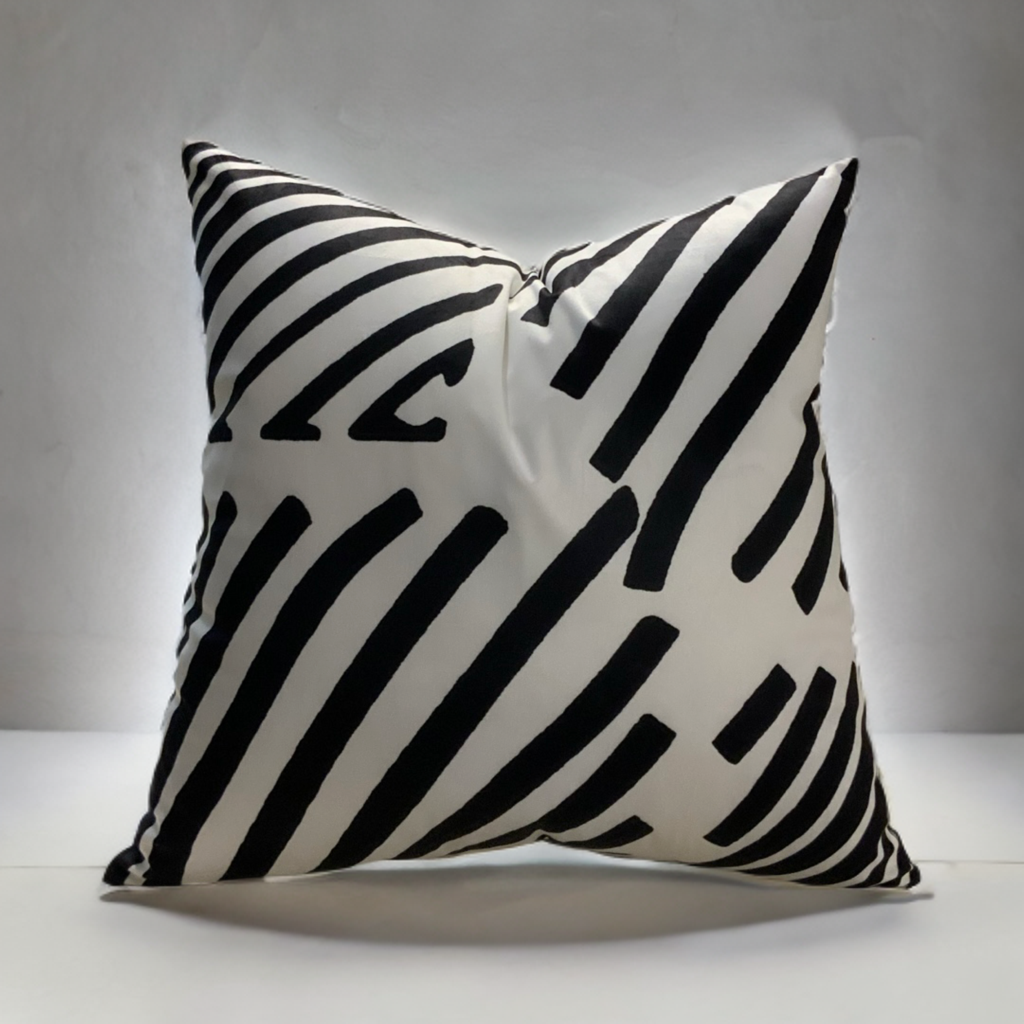White Throw Pillow with Bold Black Velvet Geometric Design - VIVA019.