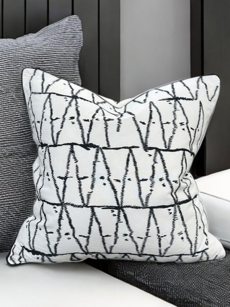 White Velvet Pillow with Black Embroidered Abstract and Thick Border - VIVA015.